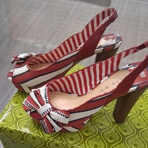 Gianni Bini Red and White Striped Slingback Heels